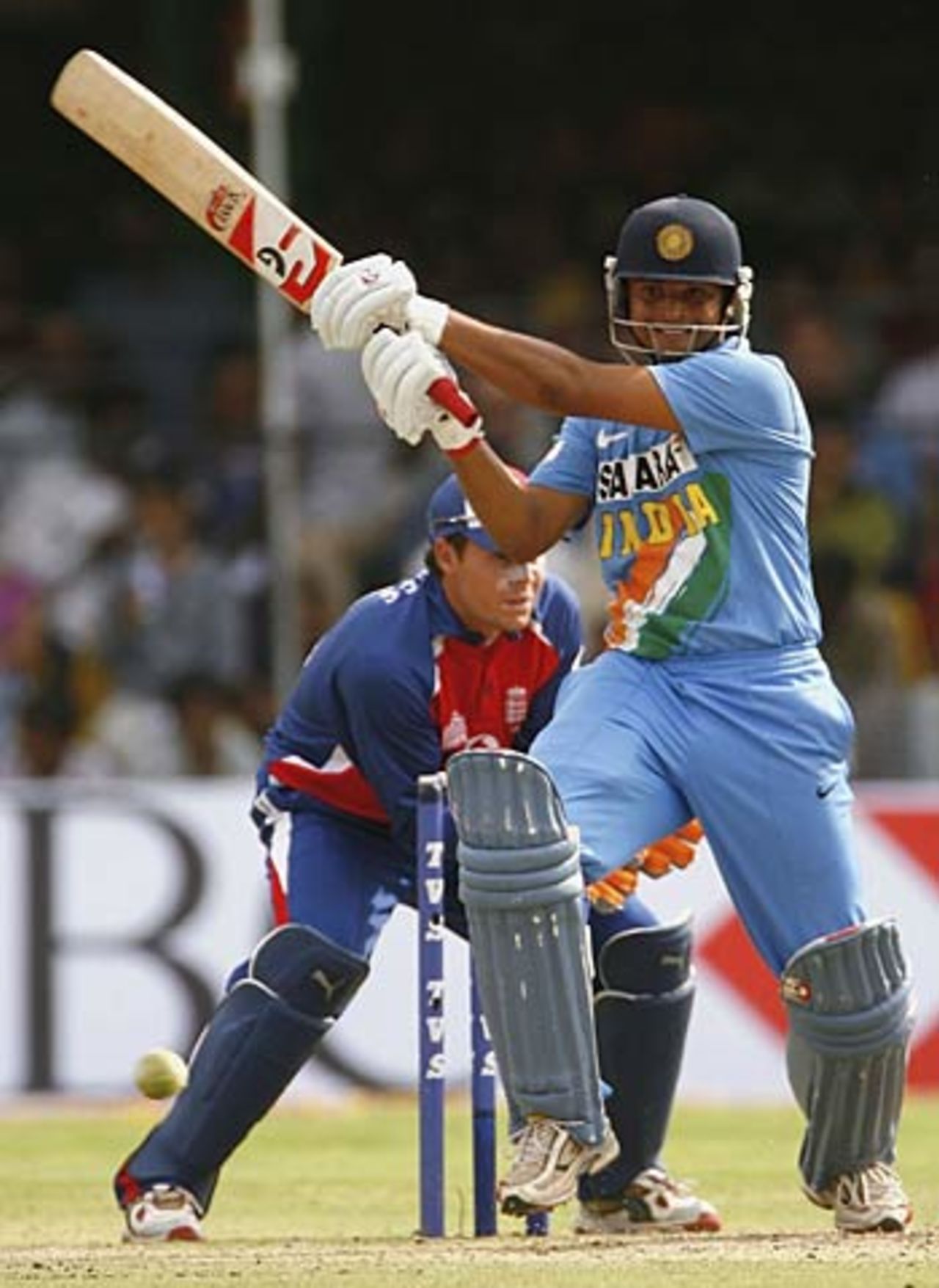 Suresh Raina hammers a four on his way to 53, India v England, 7th ODI, Indore, April 15 2006