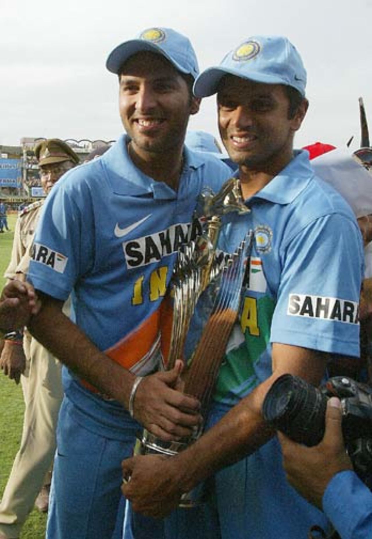 A job well done: Rahul Dravid and Yuvraj Singh with the trophy, India v England, 7th ODI, Indore, April 15 2006