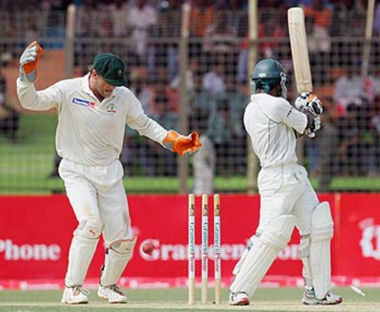 Adam Gilchrist looks on as Rajin Saleh is bowled for 71, Bangladesh v Australia, 2nd Test, Chittagong, 1st day, April 16, 2006