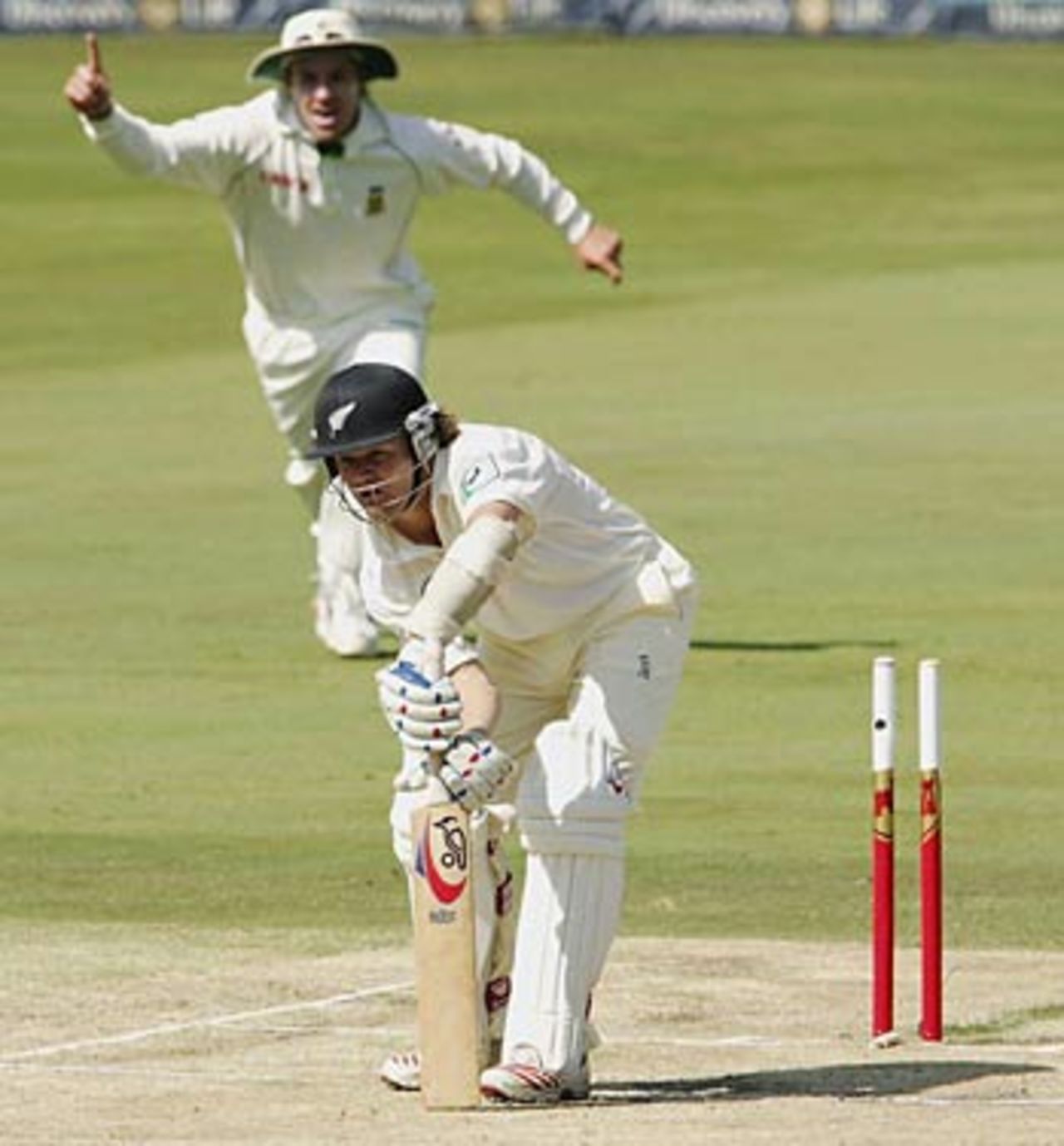 Hamish Marshall is cleaned up by Makhaya Ntini as the ball skids through his defense, South Africa v New Zealand, 1st Test, Centurion Park, April 16, 2006