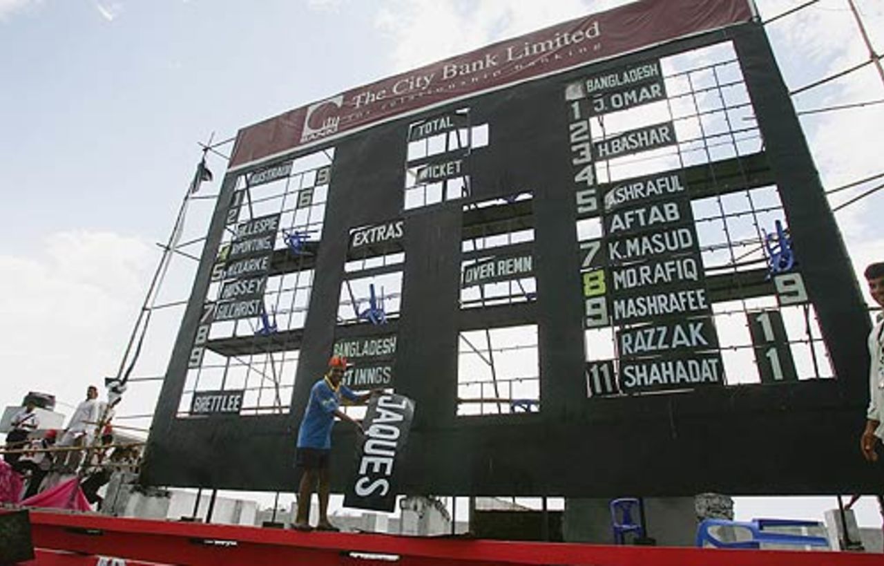 Workers repair damage to the scoreboard caused by a storm during day two, Bangladesh v Australia, 2nd Test, Chittagong, 2nd day, April 17, 2006