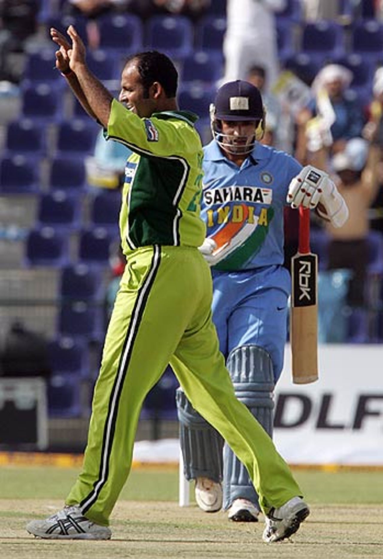 Rana Naved-ul-Hasan celebrates the wicket of Robin Uthappa, India v Pakistan, DLF Cup, Zayad Cricket Stadium, Abu Dhabi, April 18, 2006