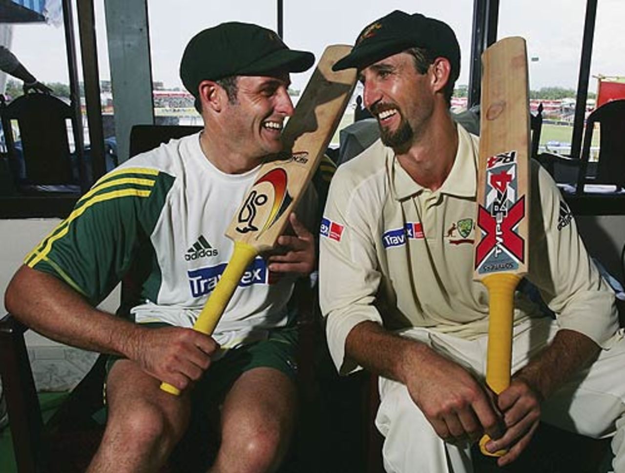 Michael Hussey and Jason Gillespie share a few laughs in the dressing room after their marathon 320-run partnership, Bangladesh v Australia, 2nd Test, Chittagong, 4th day, April 19 2006