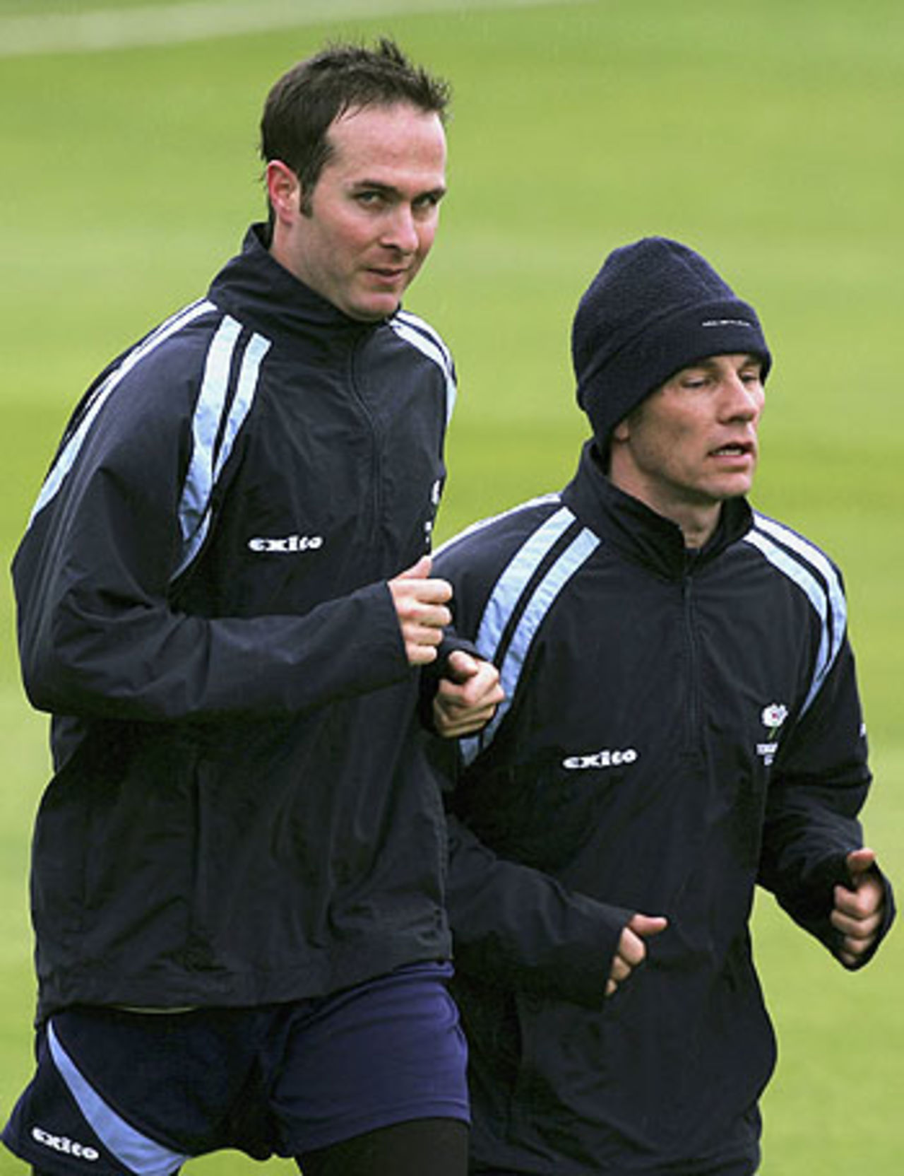 Michael Vaughan and Richard Blakey warm up ahead of Yorkshire's championship clash with Nottinghamshire, April 19, 2006
