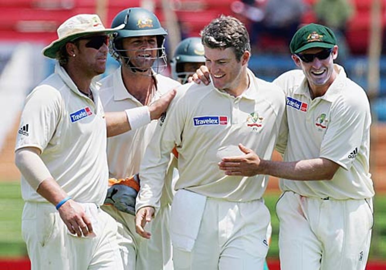 Stuart MacGill is congratulated on removing Abdur Razzak, Bangladesh v Australia, 2nd Test, Chittagong, 5th day, April 20 2006