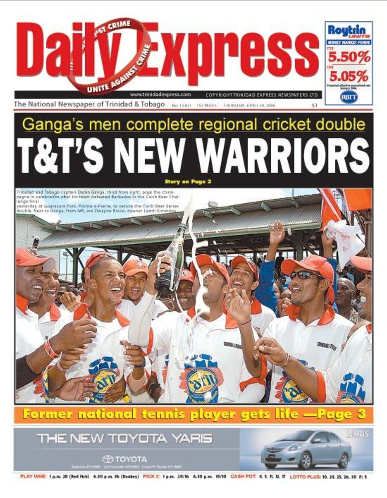The front page of the <I>Trinidad & Tobago Express</I> celebrates victory,  April 20, 2006