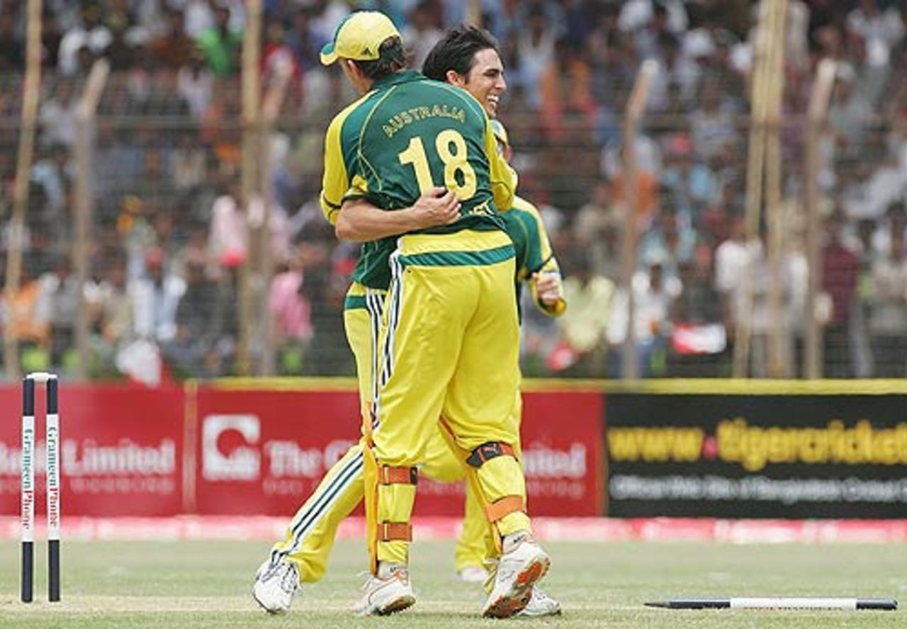 Mitchell Johnson celebrates his first wicket in one-dayers, Bangladesh v Australia, 1st ODI, Chittagong, April 23, 2006