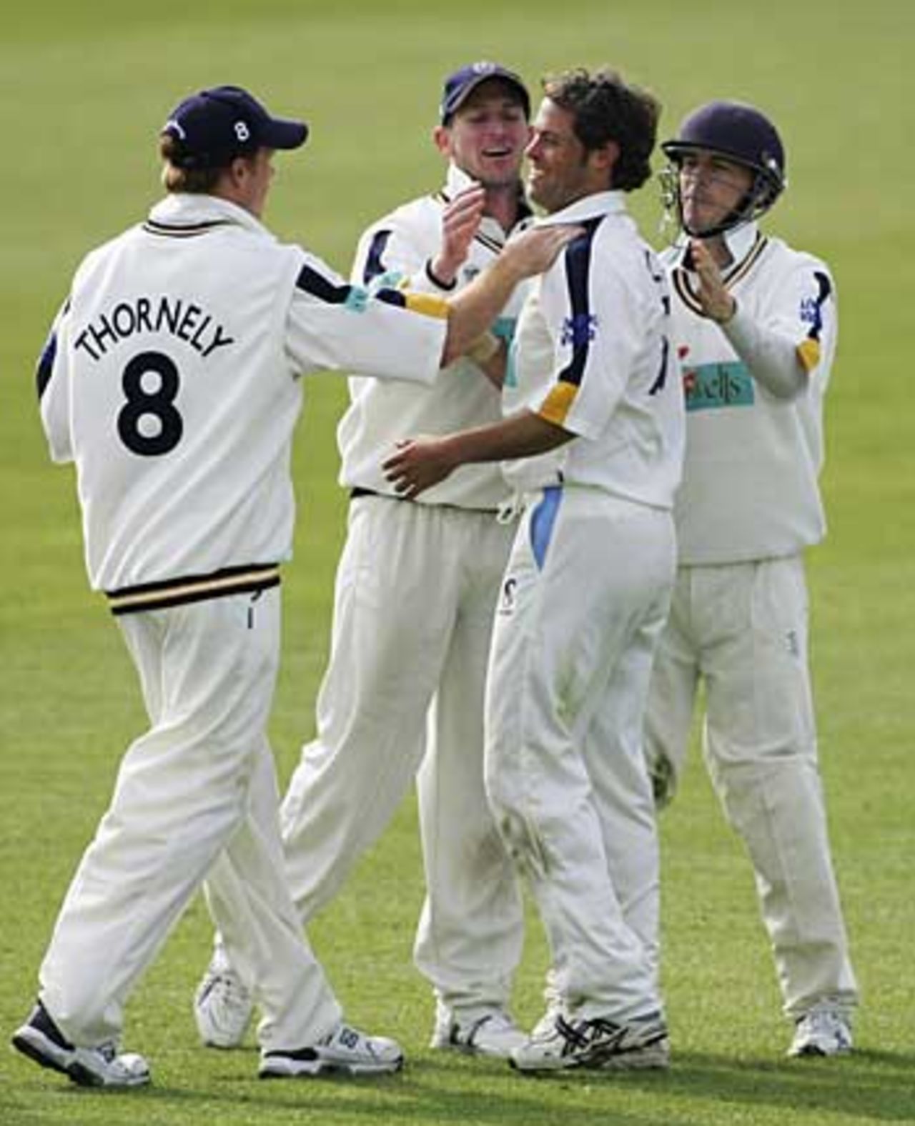James Bruce is congratulated on the wicket of Mushtaq Ahmed, Hampshire v Sussex, Southampton, April 26, 2006