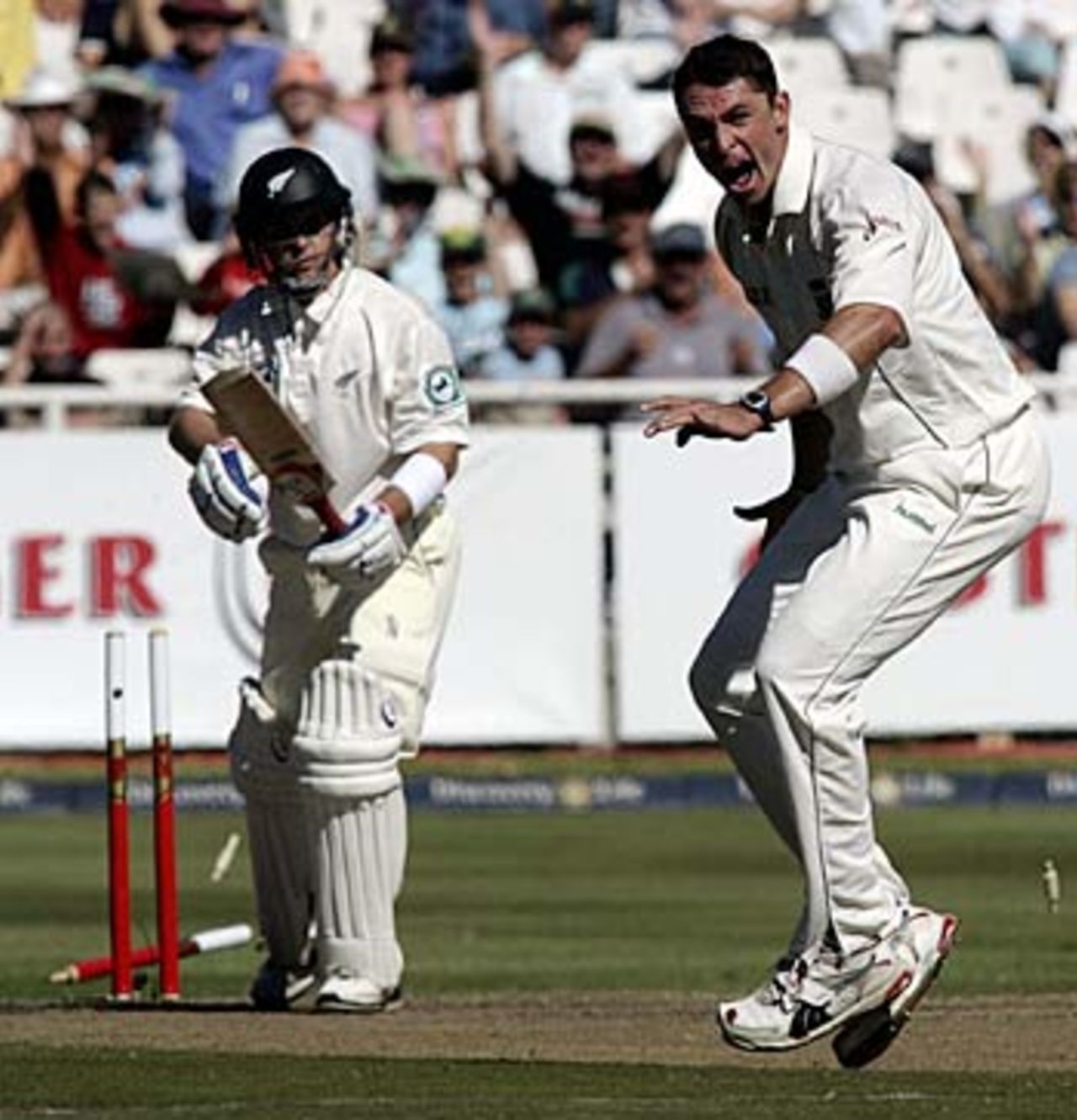 Michael Papps is bowled shouldering arms to Andre Nel, South Africa v New Zealand, 2nd Test, Cape Town, 1st day, April 27, 2006