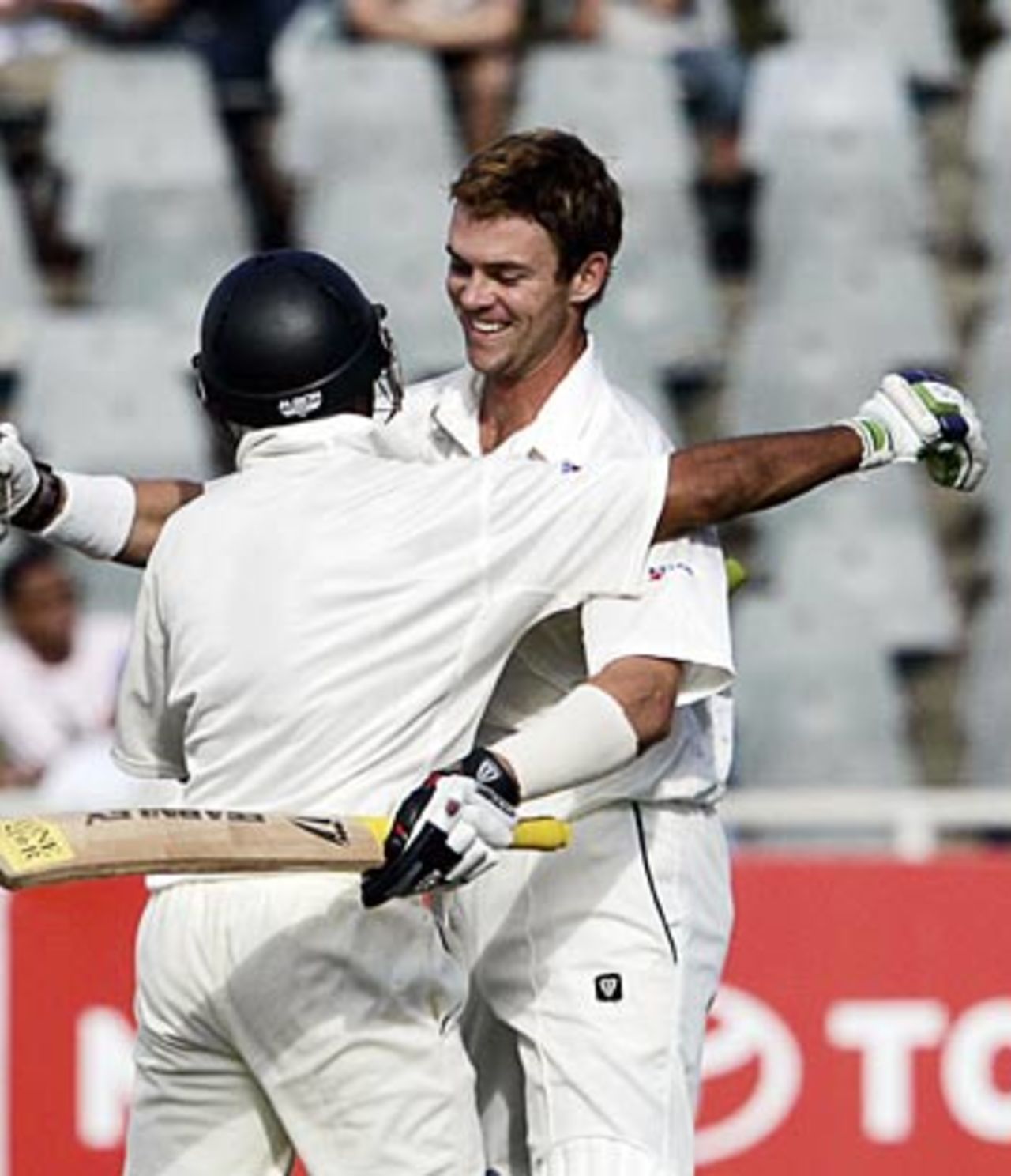 James Franklin celebrates his first Test ton with Jeetan Patel, South Africa v New Zealand, 2nd Test, Cape Town, April 29, 2006