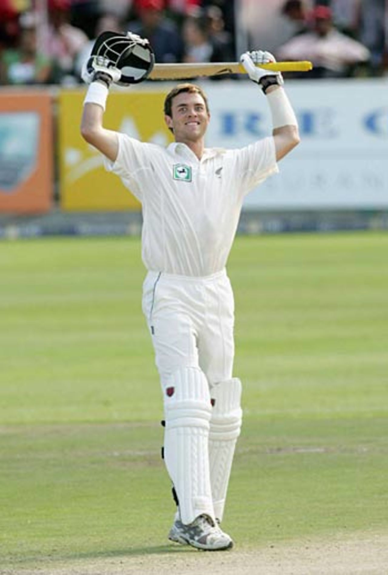 100 up: James Franklin enjoys the moment of his century, his first in Tests, South Africa v New Zealand, 2nd Test, Cape Town, April 29, 2006