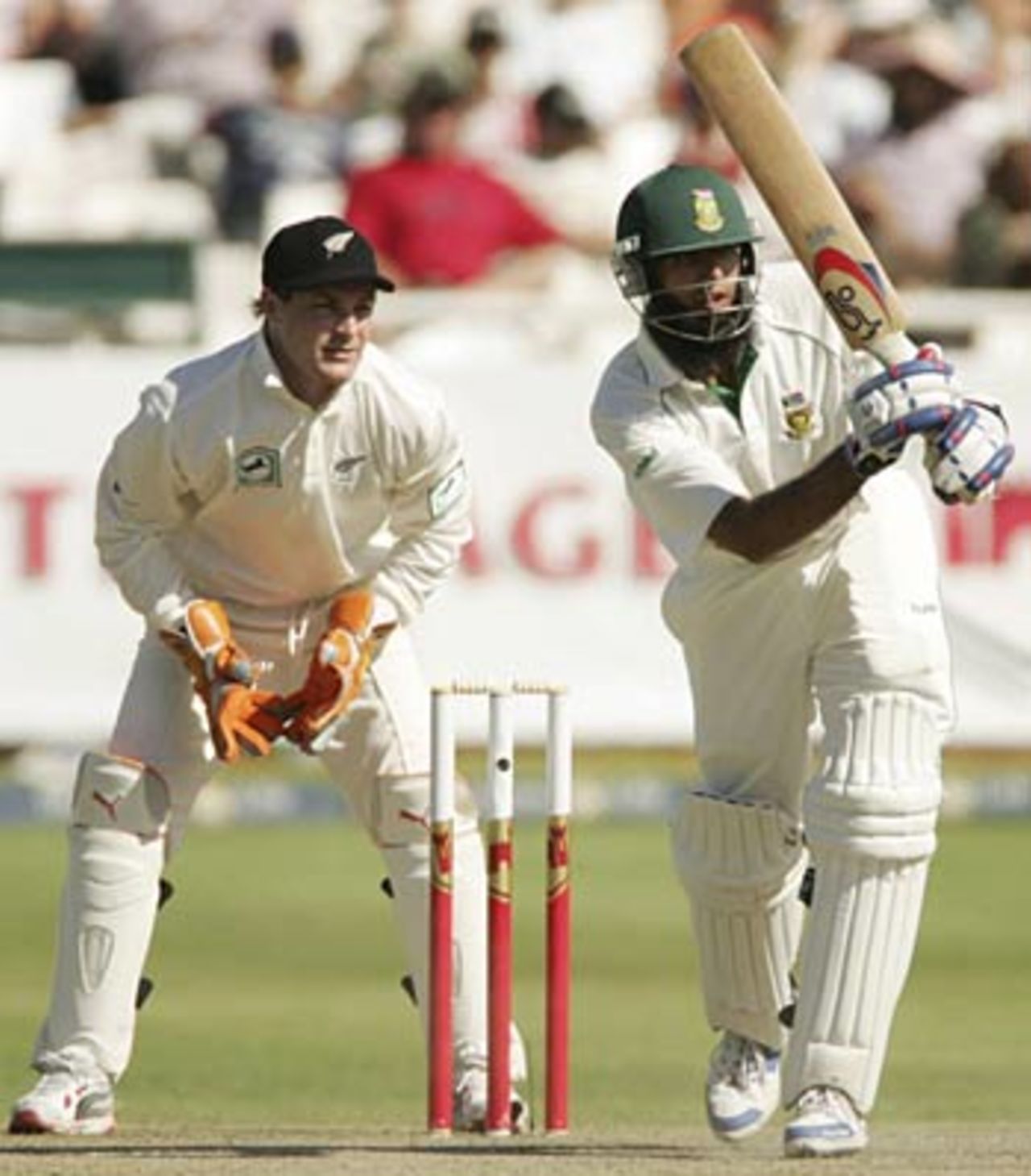 Hashim Amla drives down the ground during his first Test fifty, South Africa v New Zealand, 2nd Test, Cape Town, April 29, 2006
