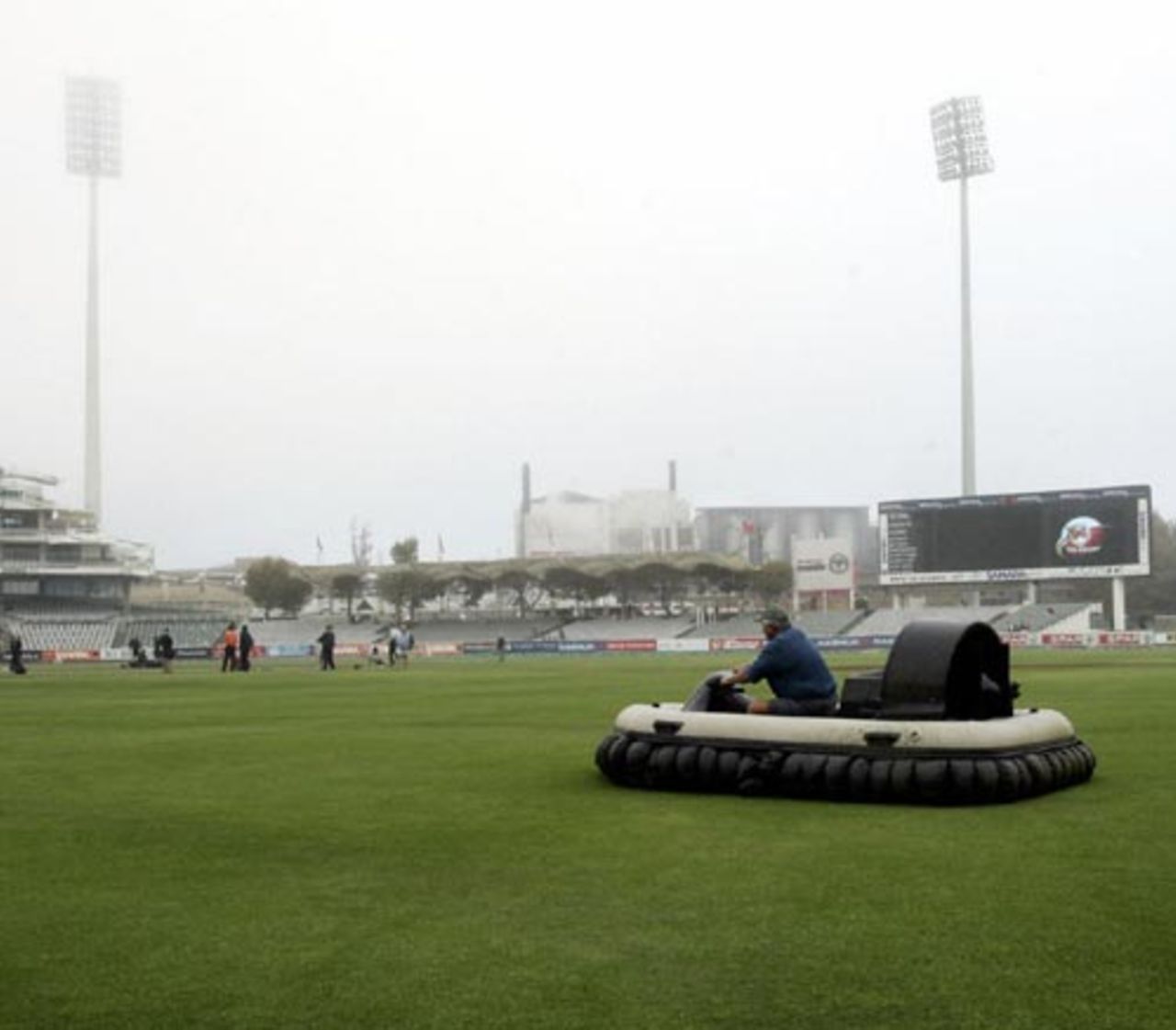A hovercraft is used to clear early-morning dew, South Africa v New Zealand, 2nd Test, April 28, 2006