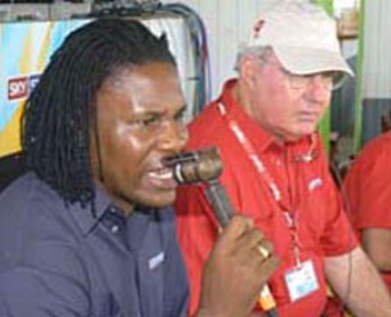 Pommie Mbangwa and Tony Cozier in the commentary box, Antigua, April 30, 2006