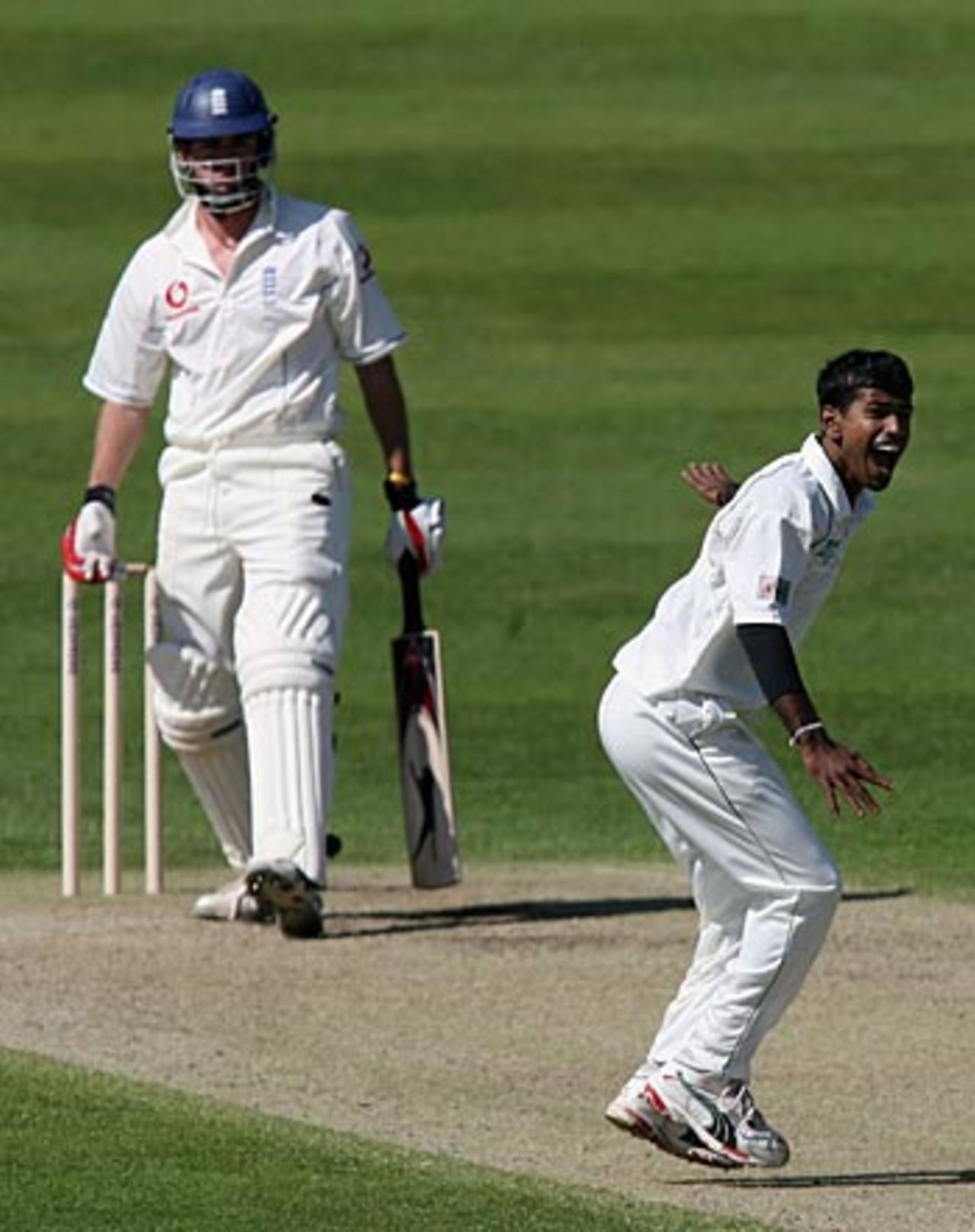 Nuwan Kulasekara appeals - in vain - for the wicket of Liam Plunkett, Sri Lankans v England A, Worcester, May 5, 2006
