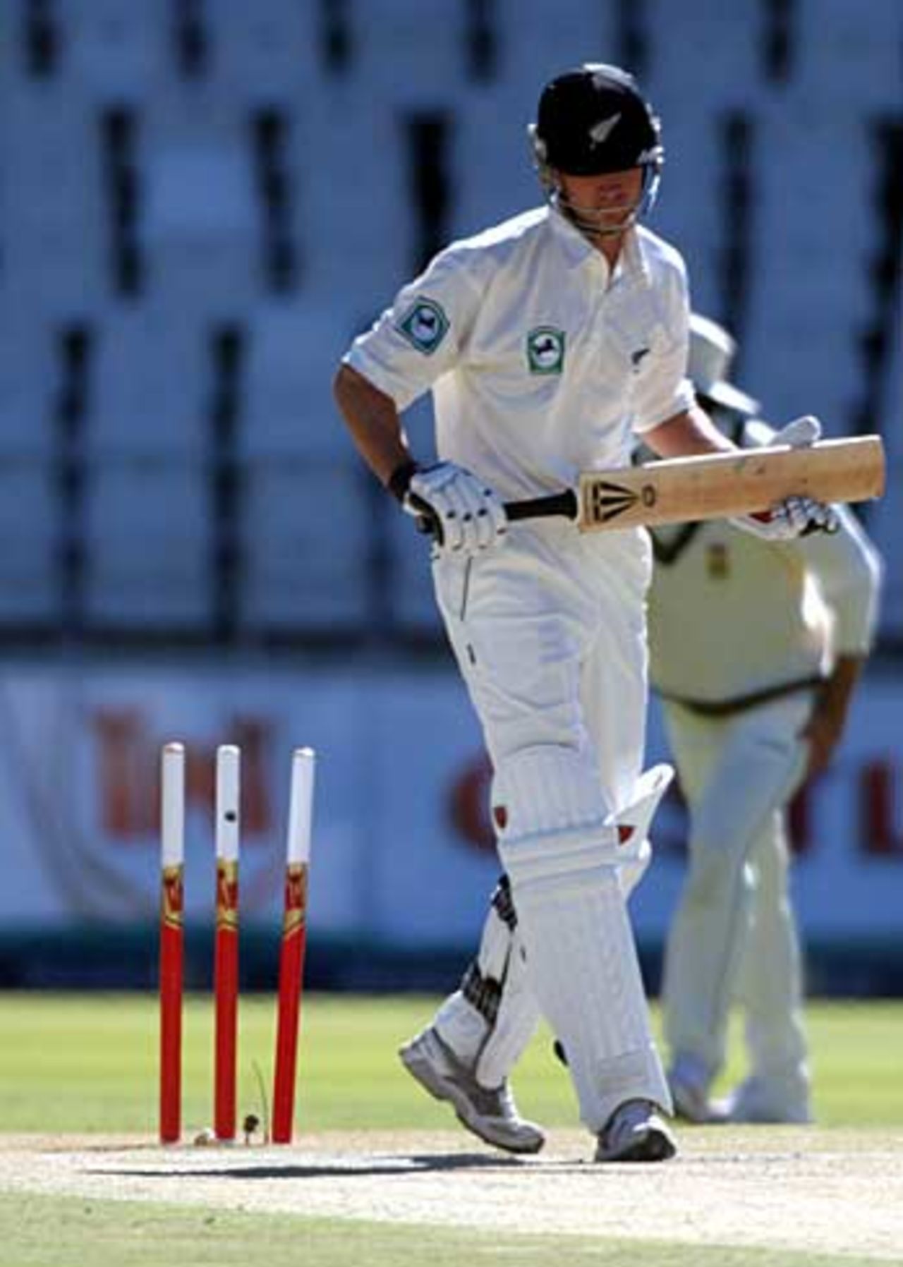 James Franklin is bowled by Shaun Pollock, South Africa v New Zealand, 3rd Test, Johannesburg, May 7, 2006