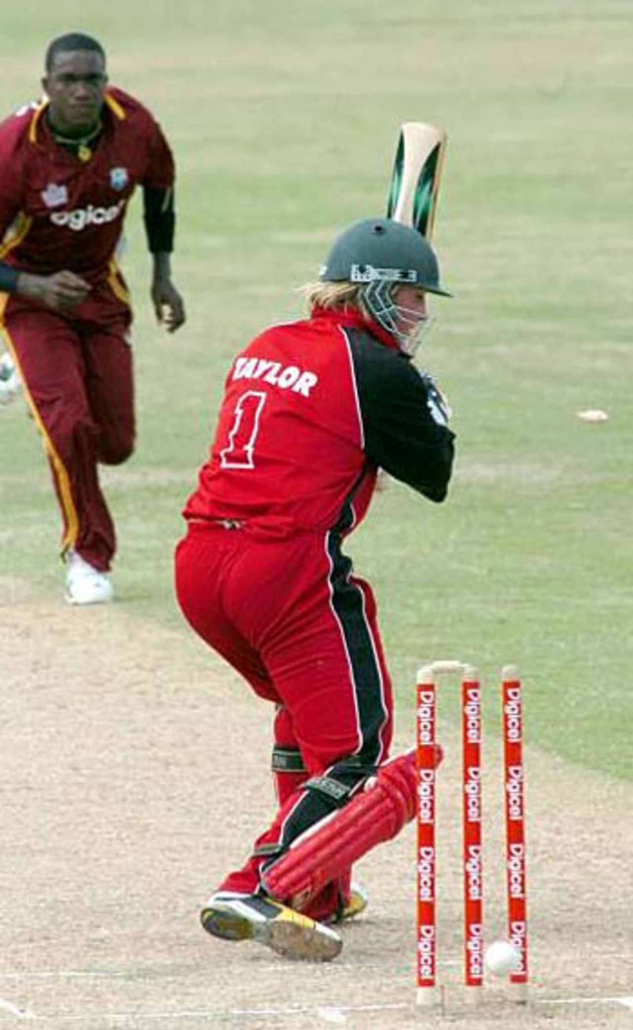 Brendan Taylor shoulders arms and is bowled first ball by Jerome Taylor, West Indies v Zimbabwe, 2nd ODI, Antigua, April 30, 2006
