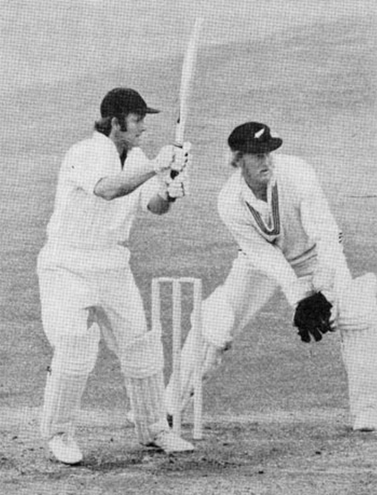 Dennis Amiss on his way to 138 against New Zealand in 1973 with Ken Wadsworth keeping, England v New Zealand, 1st Test, Trent Bridge, June 1973