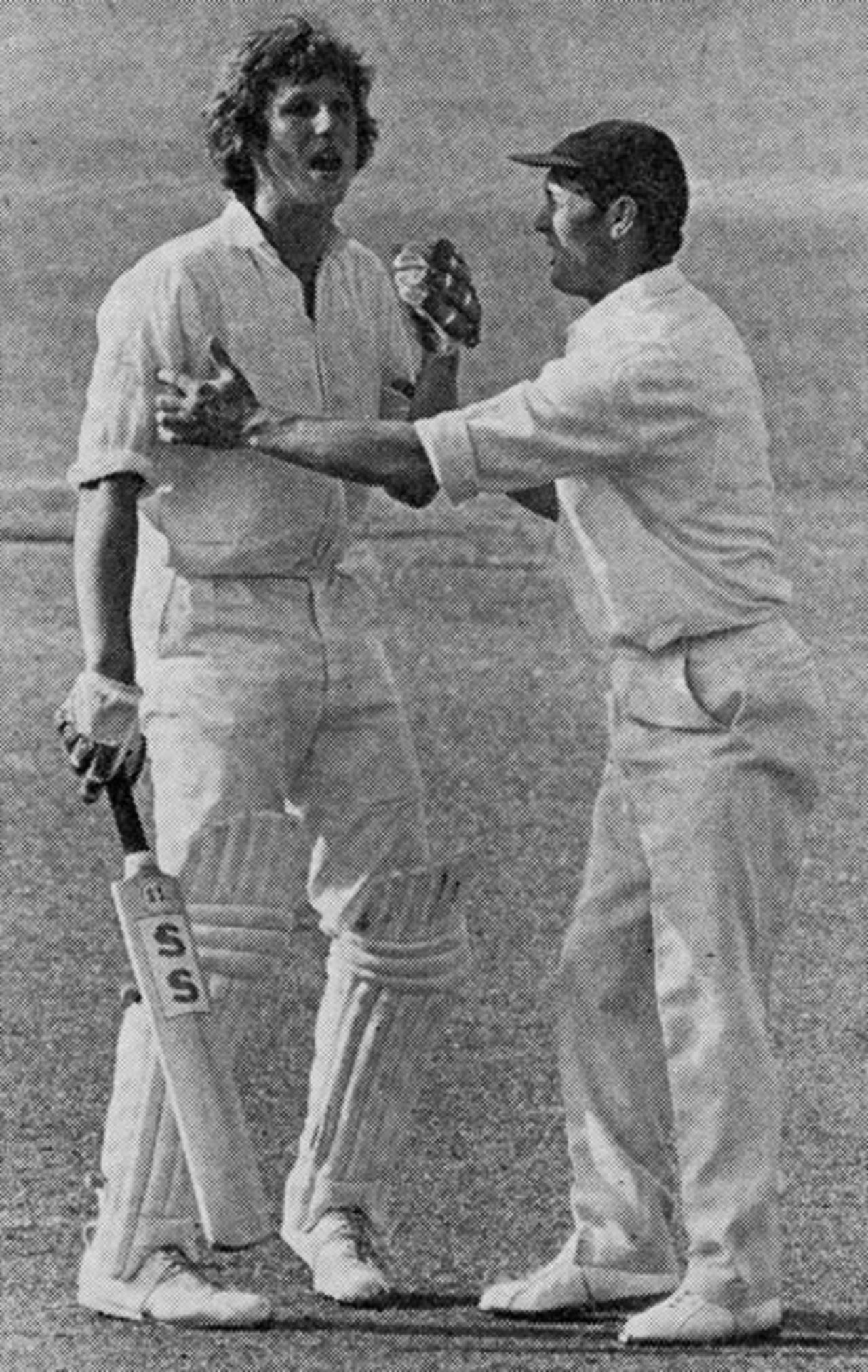 Ian Botham is helped by Peter Sainsbury after being hit by Andy Roberts, Hampshire v Somerset, Southampton, June 12, 1974