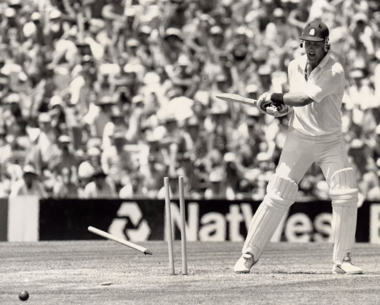 Chris Broad smashes over his stumps after being bowled, Australia v England,  Bicentenary Test, SCG, January 30, 1988
