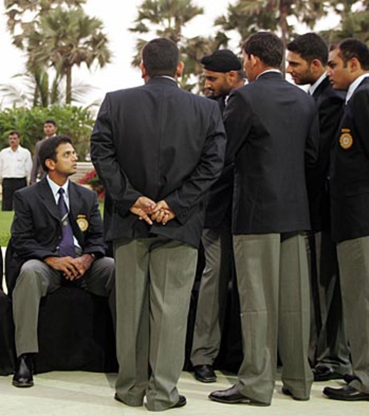 Rahul Dravid chats with his team-mates during a photo session prior to the team's departure for the Caribbean, Mumbai, May 11, 2006