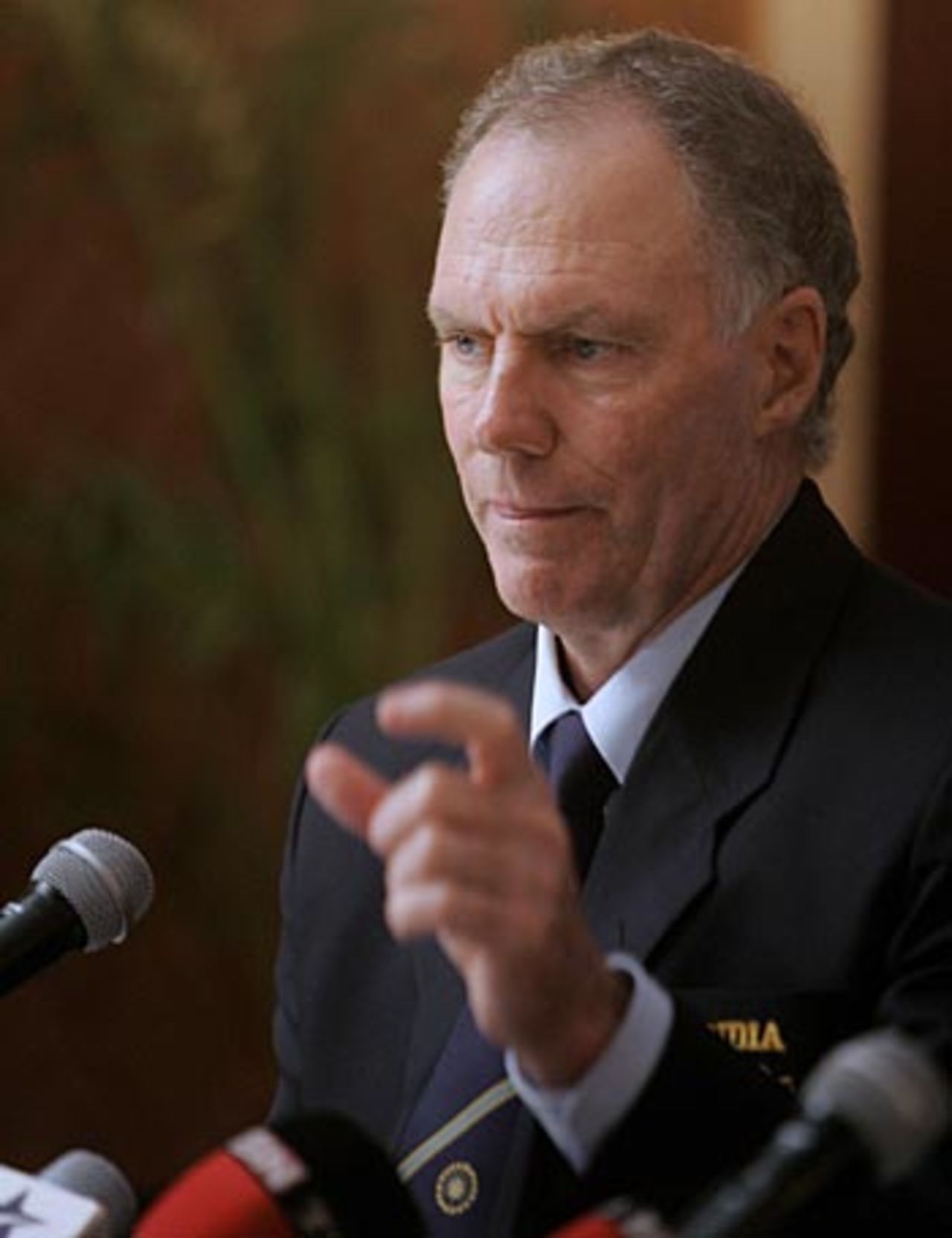 Greg Chappell addresses the media prior to India's departure for the Caribbean, Mumbai, May 11, 2006