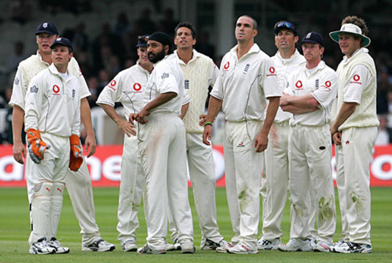 The England team watch the replay of Monty Panesar's dismissal of Kumar Sangakkara, England v Sri Lanka, 1st Test, Lord's, May 13, 2006