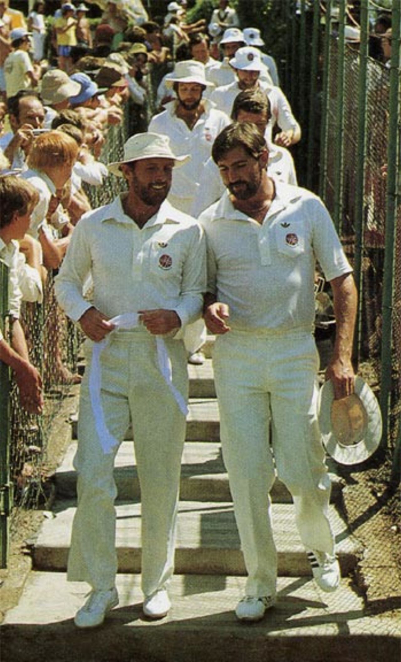 Geoff Boycott and Graham Gooch lead the England rebels onto the field, South Africa, March 6, 1982