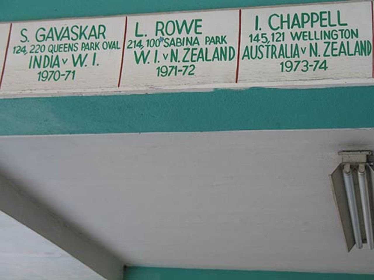 The roll of honour for twin centurions at the Melbourne Cricket Club in Kingston, Jamaica, May 14, 2006