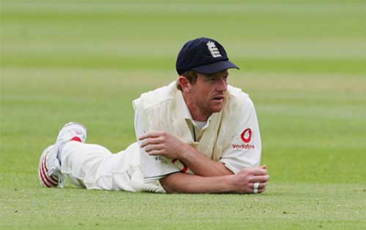 Paul Collingwood lies flat ... as does England's fielding, England v Sri Lanka, 1st Test, Lord's, May 14, 2006