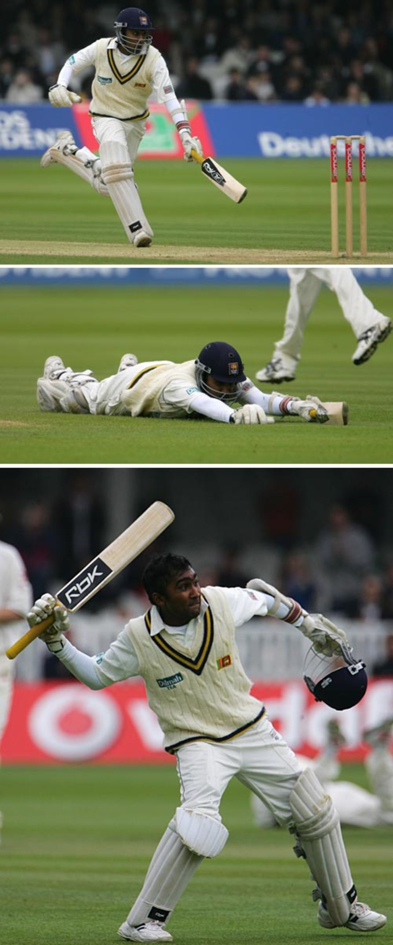 Mahela Jayawardene runs his bat in, dives, and celebrates his hundred at Lord's, England v Sri Lanka, 1st Test, Lord's, May 14, 2006
