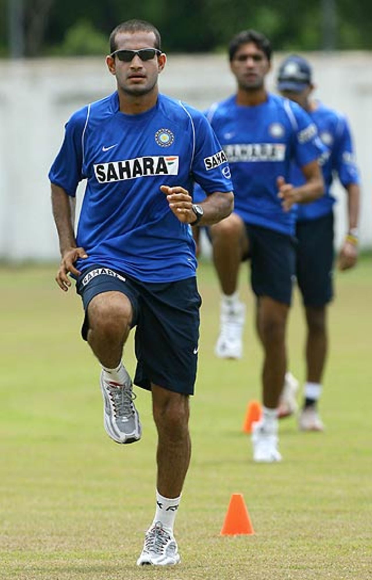 Irfan Pathan takes part in a routine drill during the Indian team's practice session in Spanish Town, May 14,  2006