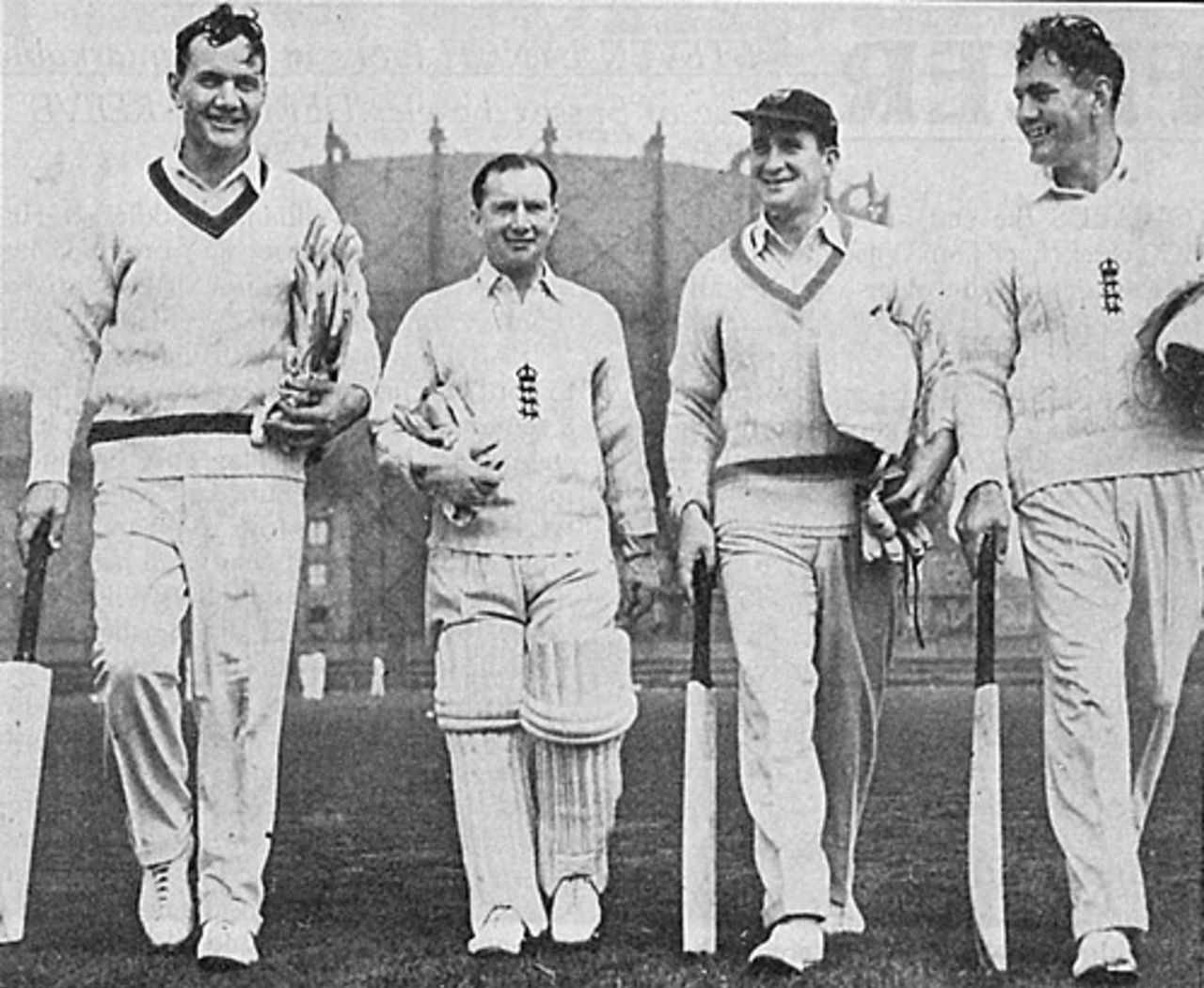 Eric Bedser, Arthur McIntyre, Jim Laker and Alec Bedser return to the pavilion after a net at The Oval, 1952