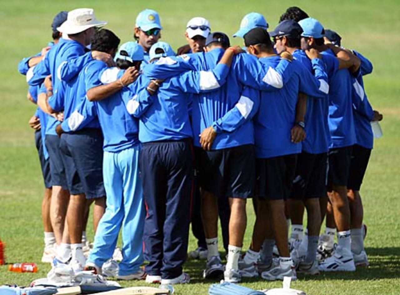 India players huddle prior to the start of their match against Jamaica, Montego Bay, May 16, 2006