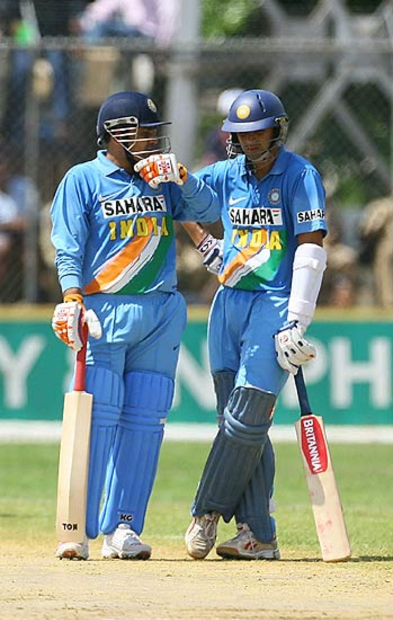 Virender Sehwag and Rahul Dravid in discussion during India's warm-up match against Jamaica, Jamaica v Indians, Montego Bay, May 16, 2006