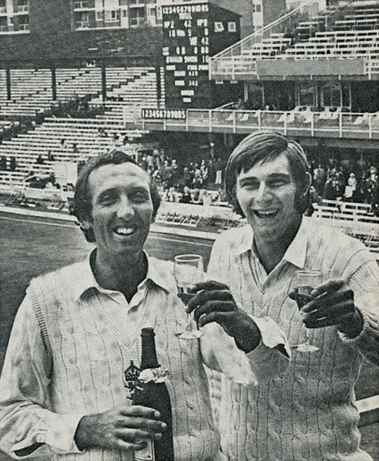 Geoff Arnold and Chris Old celebrate India's rout, England v India, 2nd Test, Lord's, June 24, 1974