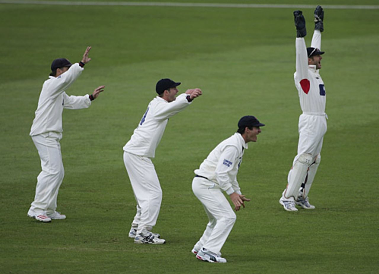 Luke Sutton, Stuart Law, Tom Smith and Mal Loye roar an appeal from behind the stumps, Yorkshire v Lancashire, Headingley, May 18, 2006