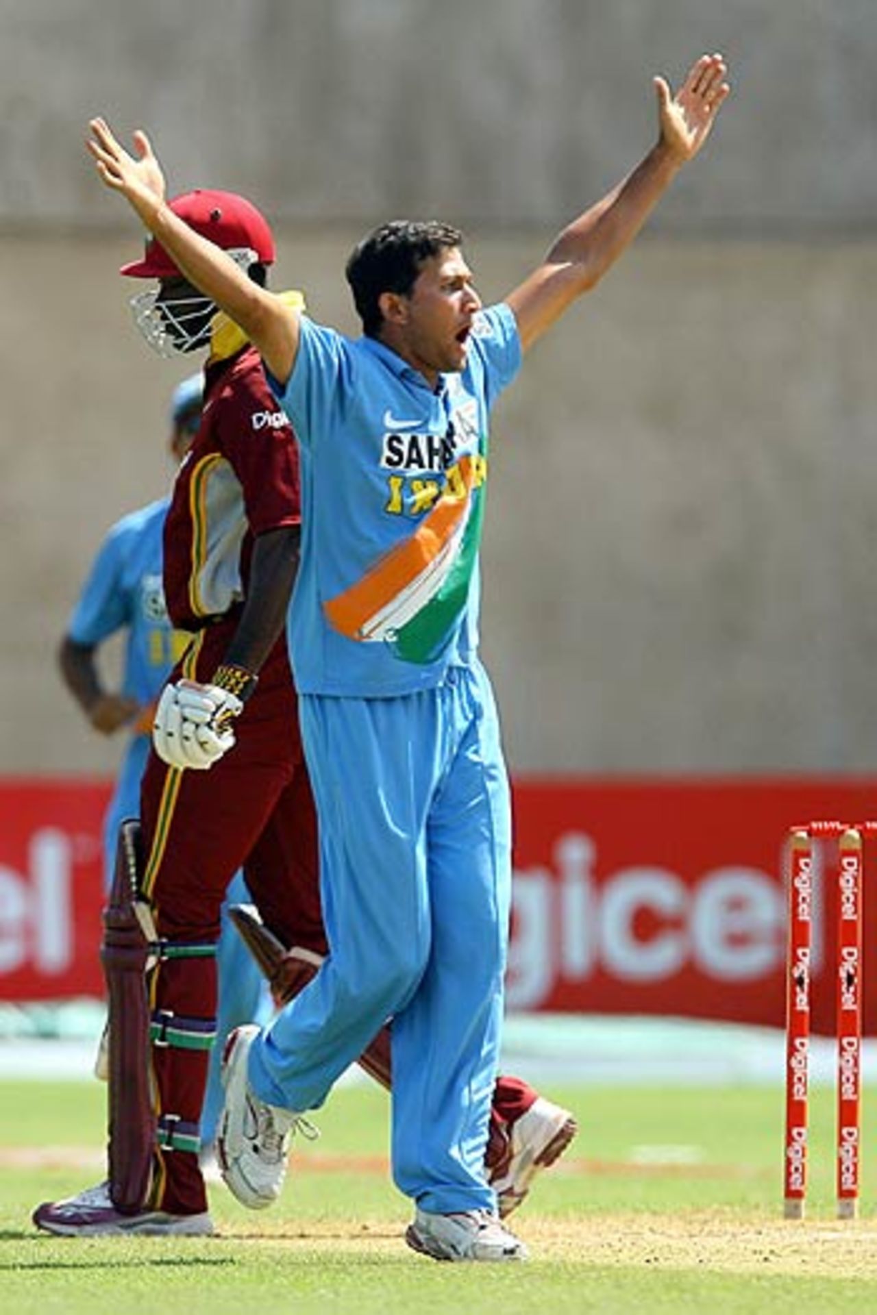 Ajit Agarkar celebrates the wicket of Chris Gayle at Kingston, West Indies v India, 2nd ODI, Kingston, May 20, 2006