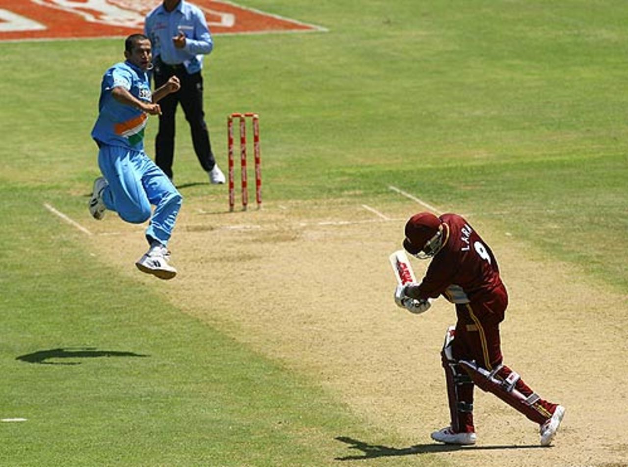 Irfan Pathan won this battle with Brian Lara hands down - and feet up, West Indies v India, 2nd ODI, Kingston, May 20, 2006