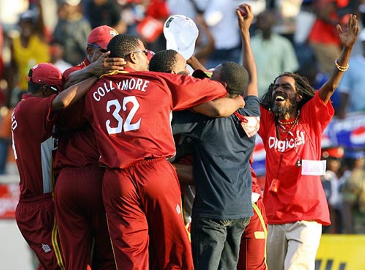 "It's paaaarty time!" The West Indies celebrate a one-run win over India at Kingston, West Indies v India, 2nd ODI, Kingston, May 20, 2006