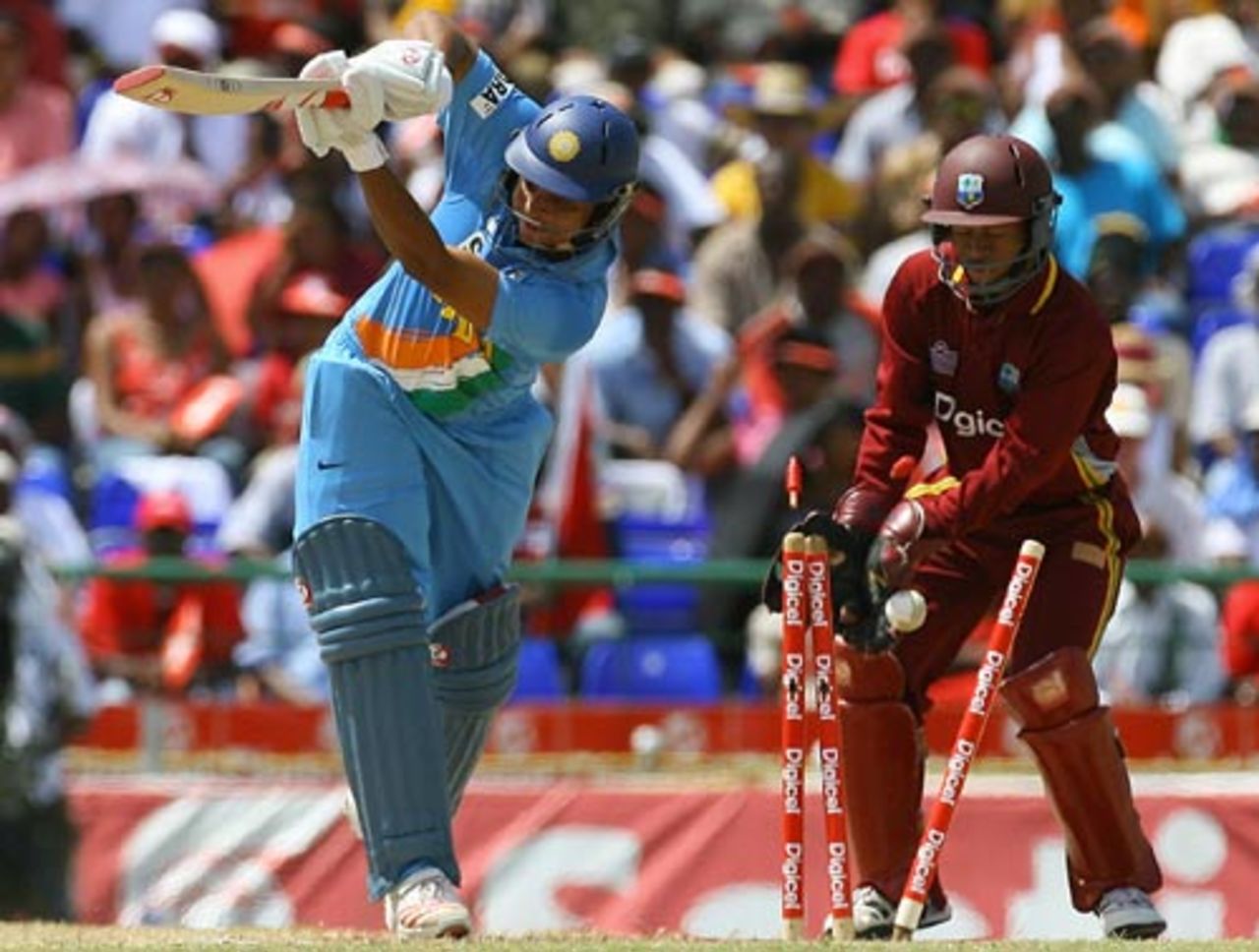 Ian Bradshaw gets through Suresh Raina's defences, West Indies v India, 3rd ODI, St Kitts, May 23, 2006