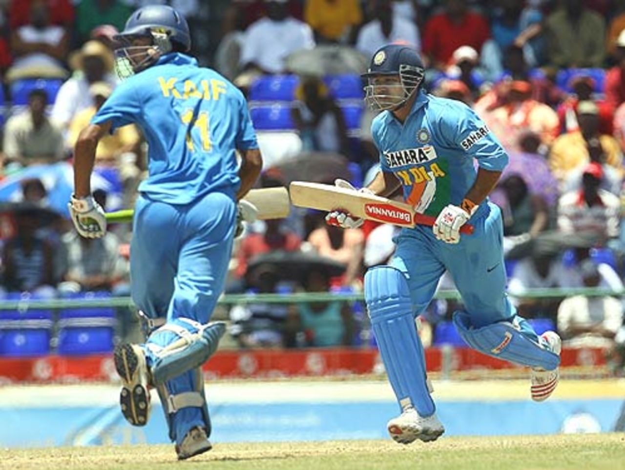 Virender Sehwag and Mohammad Kaif steal another run during their 112-run stand at the 3rd ODI, West Indies v India, St Kitts, May 23, 2006 
