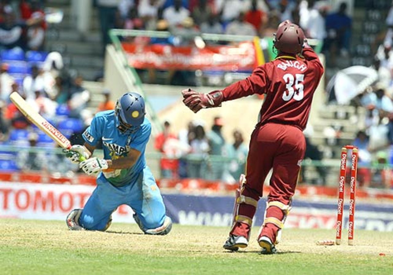 Carlton Baugh celebrates as Mohammad Kaif is run out during the 3rd ODI, West Indies v India, St Kitts, May 23, 2006 