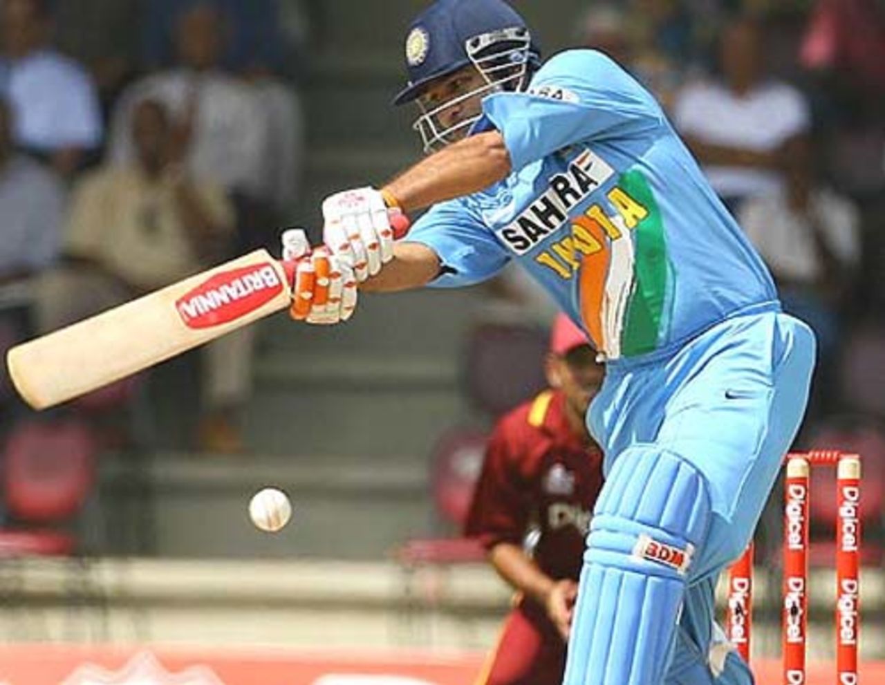Virender Sehwag attempts a cover-drive, West Indies v India, 4th ODI, Trinidad, May 26, 2006