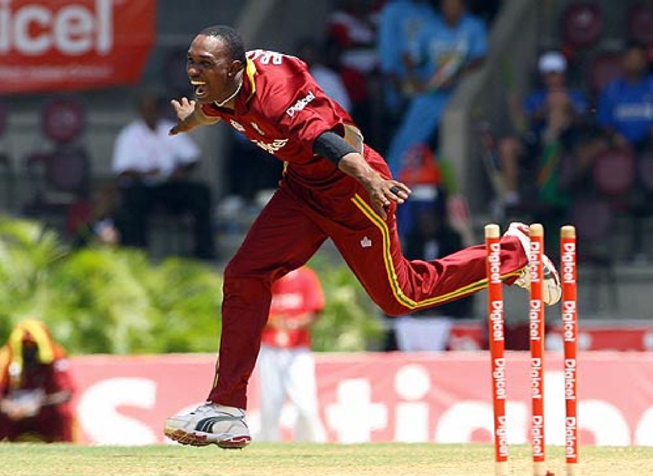 Dwayne Bravo celebrates bowling Mohammad Kaif, West Indies v India, 4th ODI, Trinidad, May 26, 2006