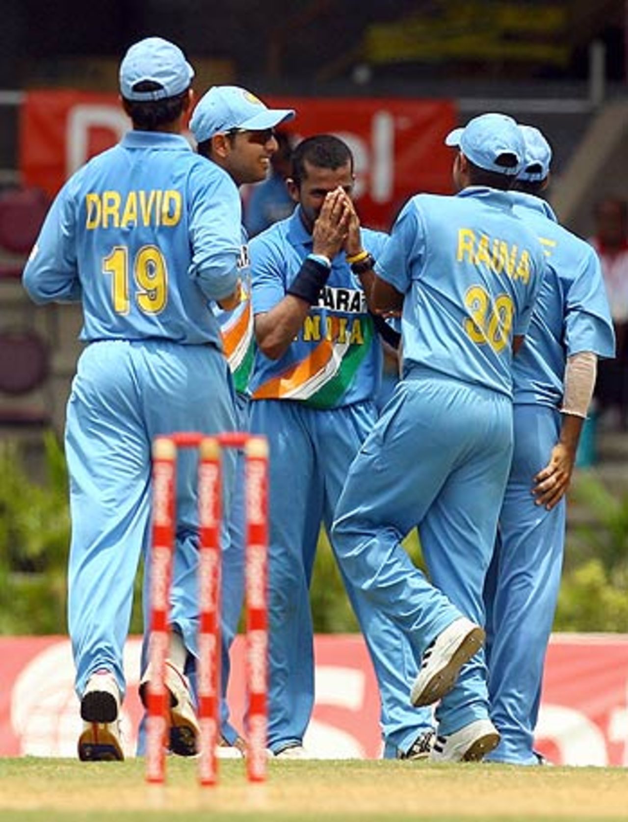 Sreesanth and Co. share a laugh after the fall of Ramnaresh Sarwan, West Indies v India, 5th ODI, Trinidad, May 28, 2006