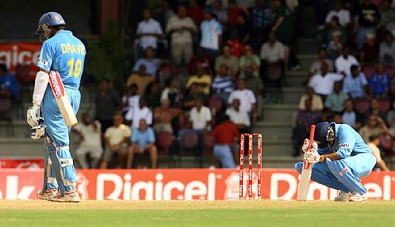 Virender Sehwag is left to rue a call that saw Rahul Dravid run out, West Indies v India, 5th ODI, Trinidad, May 28, 2006