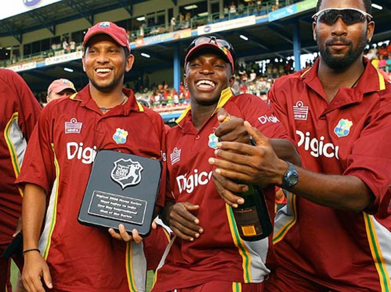 Ramnaresh Sarwan, Fidel Edwards and Corey Collymore pop the bubbly, West Indies v India, 5th ODI, Trinidad, May 28, 2006