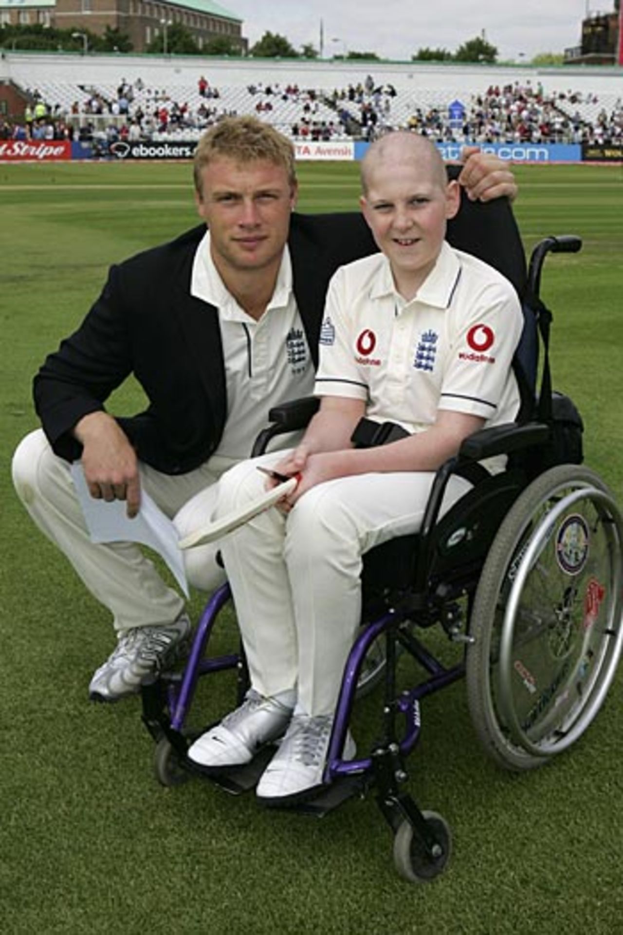 Andrew Flintoff poses with England's mascot, Darren Woodhouse, ahead of the 3rd Test against Sri Lanka, England v Sri Lanka, 3rd Test, Trent Bridge, June 2, 2006