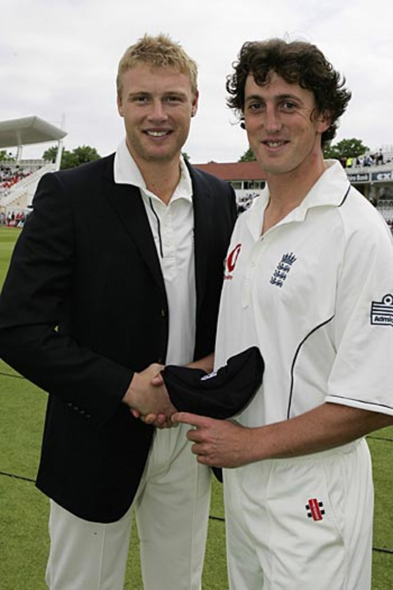 Jon Lewis receives his cap from Andrew Flintoff, England v Sri Lanka, 3rd Test, Trent Bridge, June 2, 2006